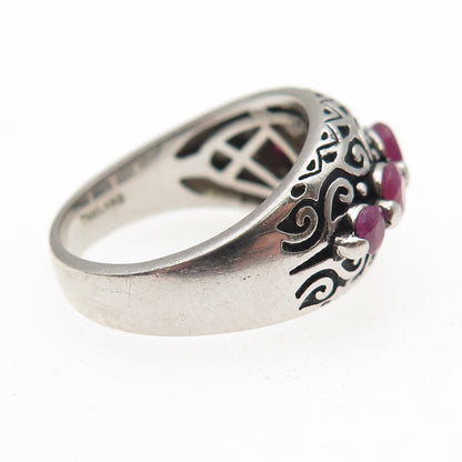 925 Sterling Silver Vintage Real Round-Cut Ruby Swirl Oxidized Ring Size 7