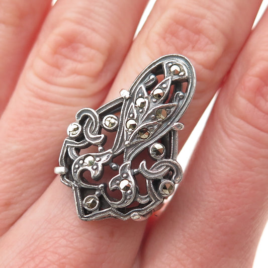 925 Sterling Silver Vintage Marcasite Art Deco Style Oxidized Ring Size 6.75