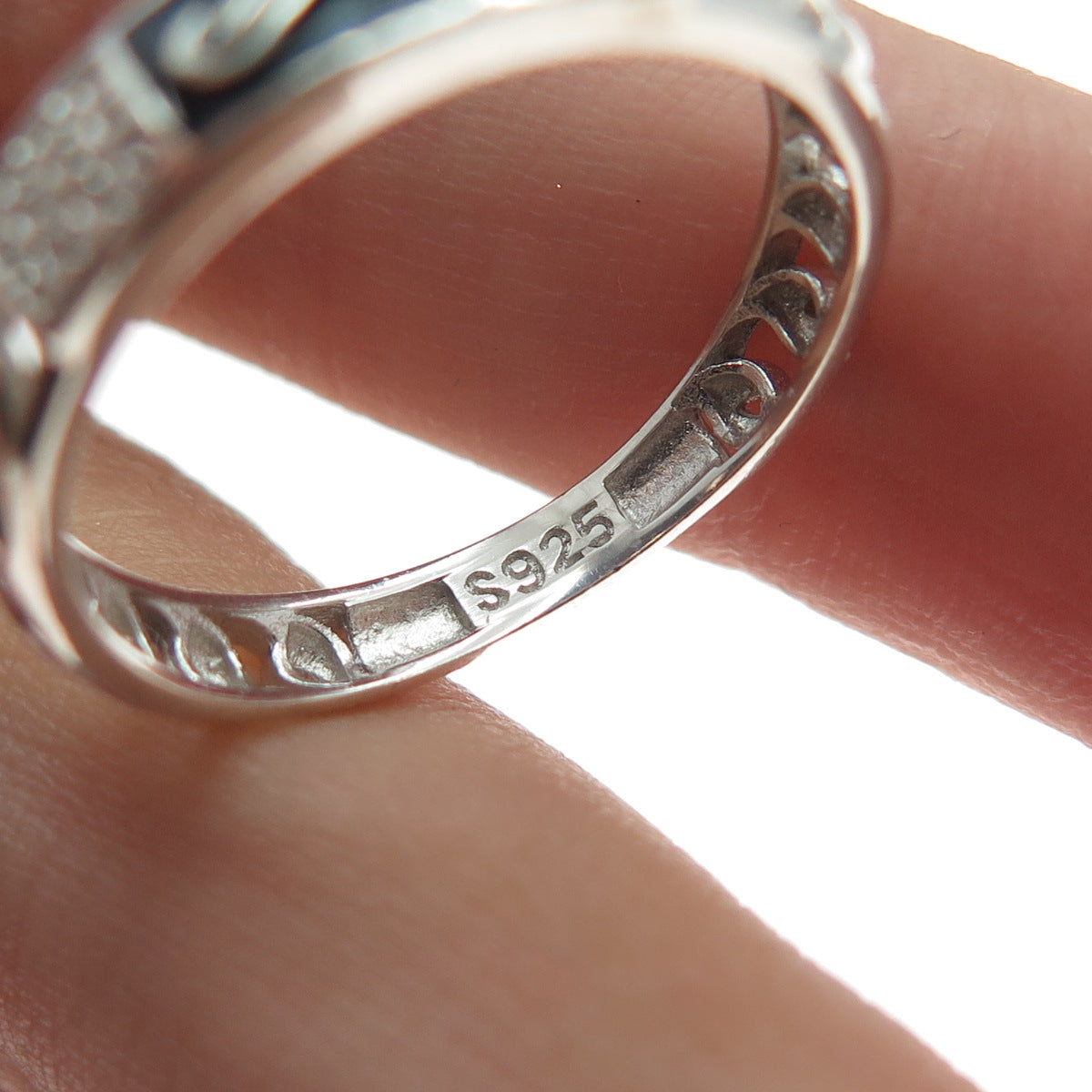 925 Sterling Silver Vintage Enamel Round-Cut C Z Chain Link Band Ring Size 7.25