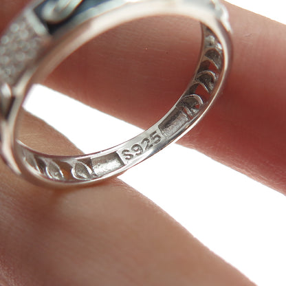 925 Sterling Silver Vintage Enamel Round-Cut C Z Chain Link Band Ring Size 7.25