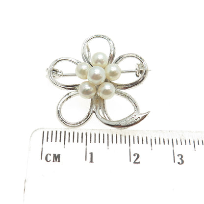 925 Sterling Silver Antique Art Deco Real Pearl Floral Pin Brooch / Pendant