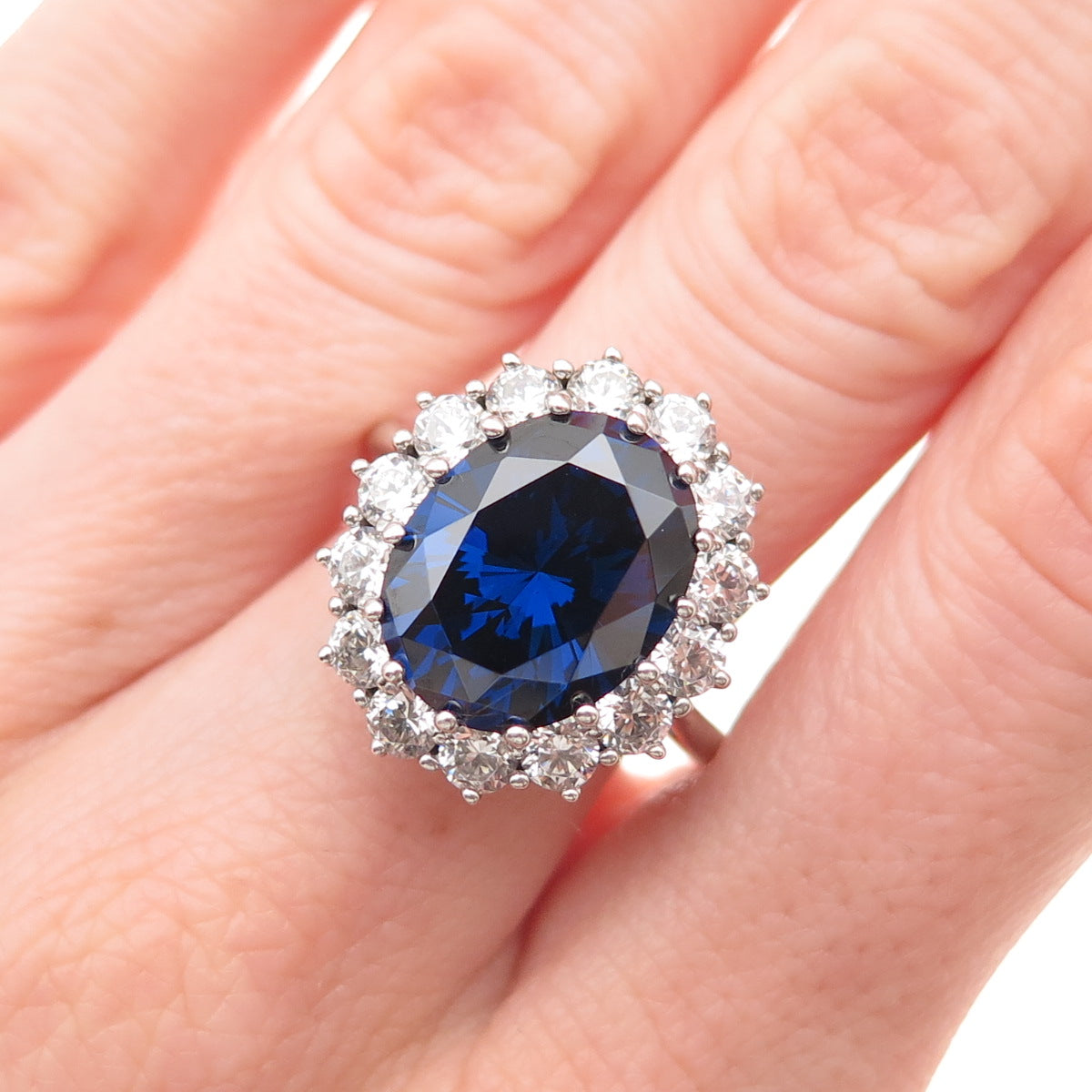 925 Sterling Silver Oval-Cut Blue & Round-Cut White C Z Ring Size 8.25