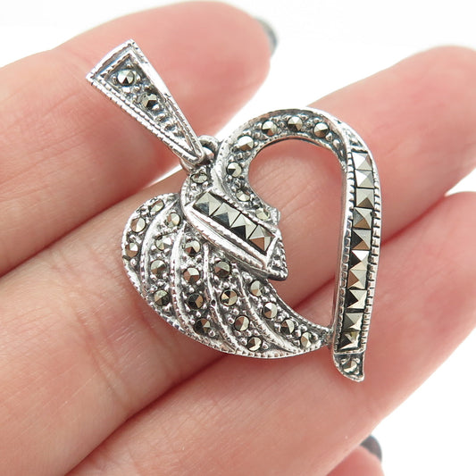 925 Sterling Silver Vintage Real Marcasite Heart Pendant