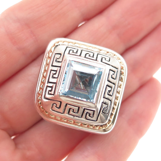 925 Sterling 18K Gold Vintage Italy Blue Topaz Greek Key Slide Charm Pendant