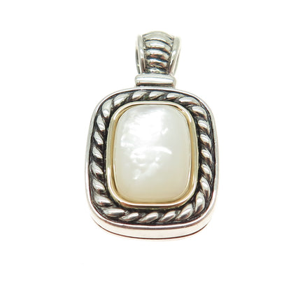 925 Sterling Silver 14K Gold Vintage Real Mother-of-Pearl Oxidized Roped Pendant