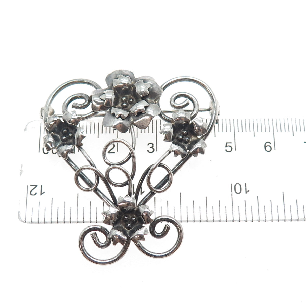 LE GRO 925 Sterling Silver Antique Art Deco Flower Heart Oxidized Pin Brooch