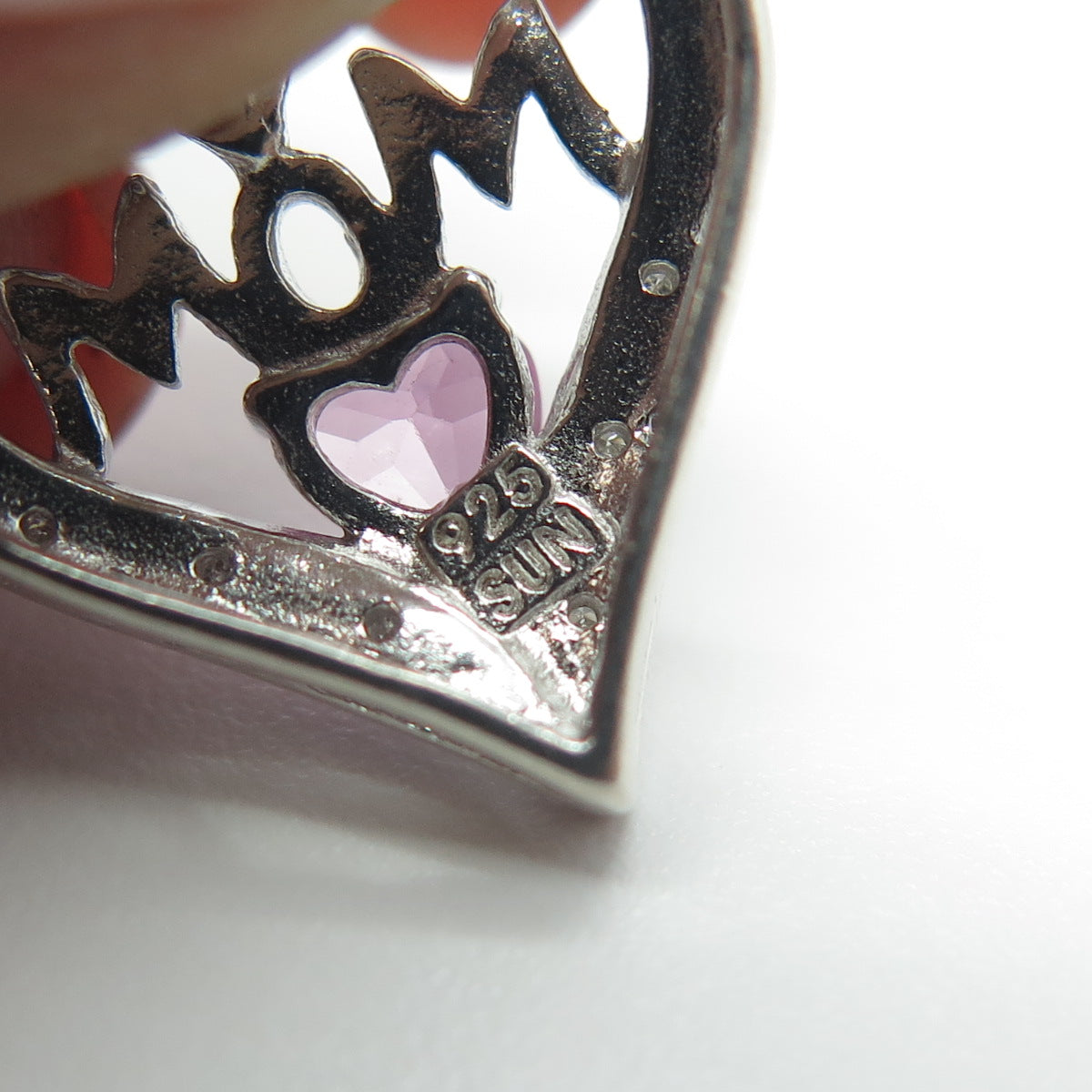 SUN 925 Sterling Silver Real Round Diamond & Pink Sapphire "MOM" Heart Pendant