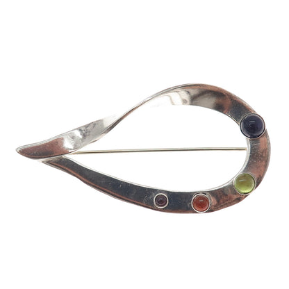 925 Sterling Vintage Real Agate Amethyst Tourmaline & Peridot Modernist Brooch