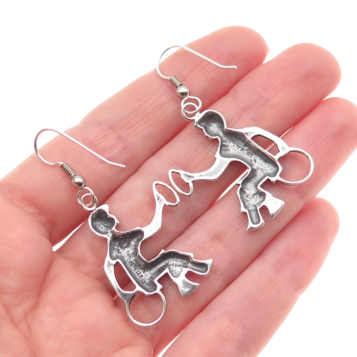 925 Sterling Silver Vintage Mayan Hoop Game Playing Men Oxidized Dangle Earrings