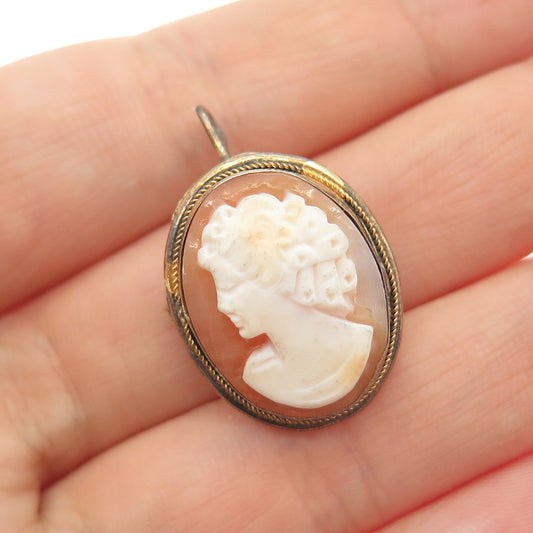 925 Sterling Silver Gold Plated Vintage Italy Real MOP Cameo Pin Brooch Pendant