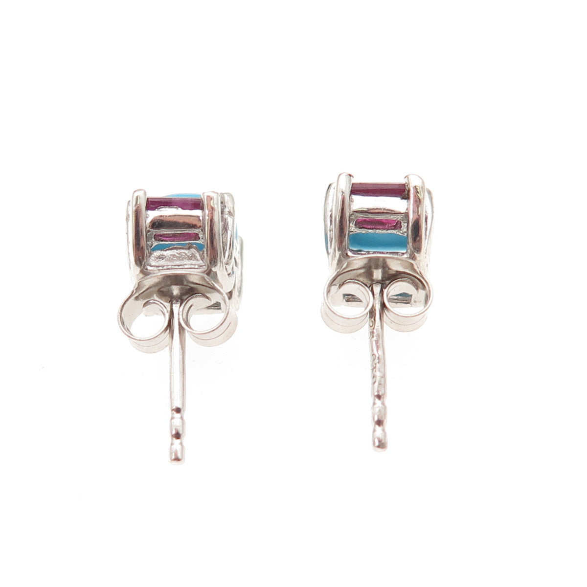 Chuck Clemency 925 Sterling Silver Real Turquoise & Ruby Stud Earrings