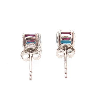 Chuck Clemency 925 Sterling Silver Real Turquoise & Ruby Stud Earrings