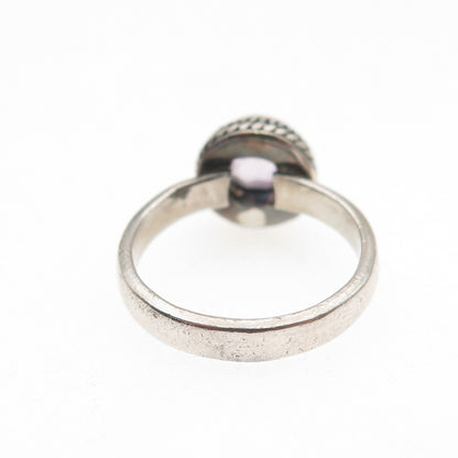 925 Sterling Silver Vintage Real Round-Cut Amethyst Oxidized Ring Size 5.75