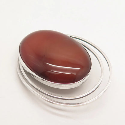 925 Sterling Silver Vintage Israel Real Red Agate Gemstone Pin Brooch / Pendant
