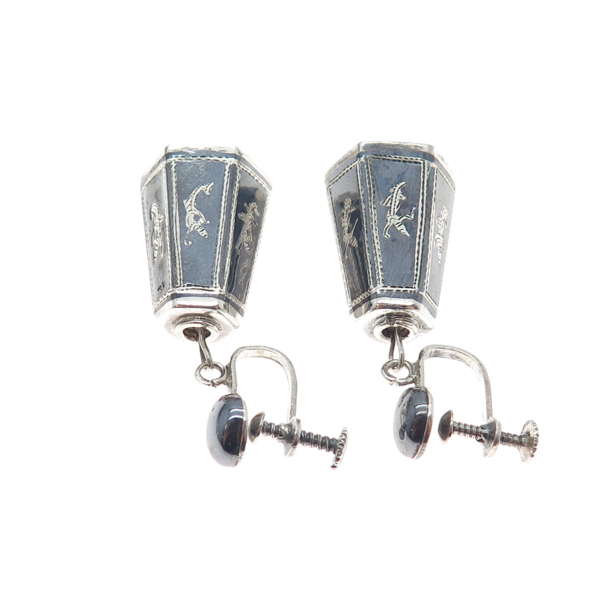 925 Sterling Silver Antique Siam Niello Hindu Goddess Screw Back Dangle Earrings