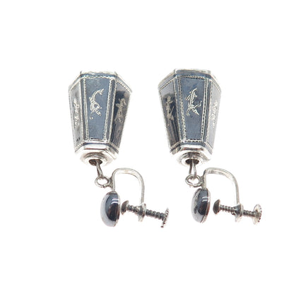 925 Sterling Silver Antique Siam Niello Hindu Goddess Screw Back Dangle Earrings