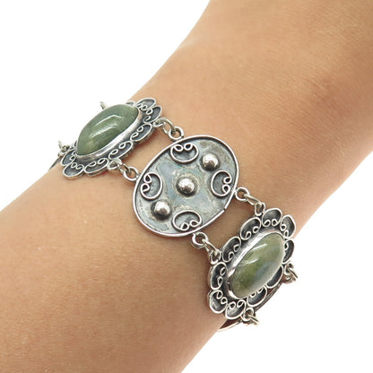 925 Sterling Silver Vintage Mexico Real Jade Floral Panel Link Bracelet 7.75"