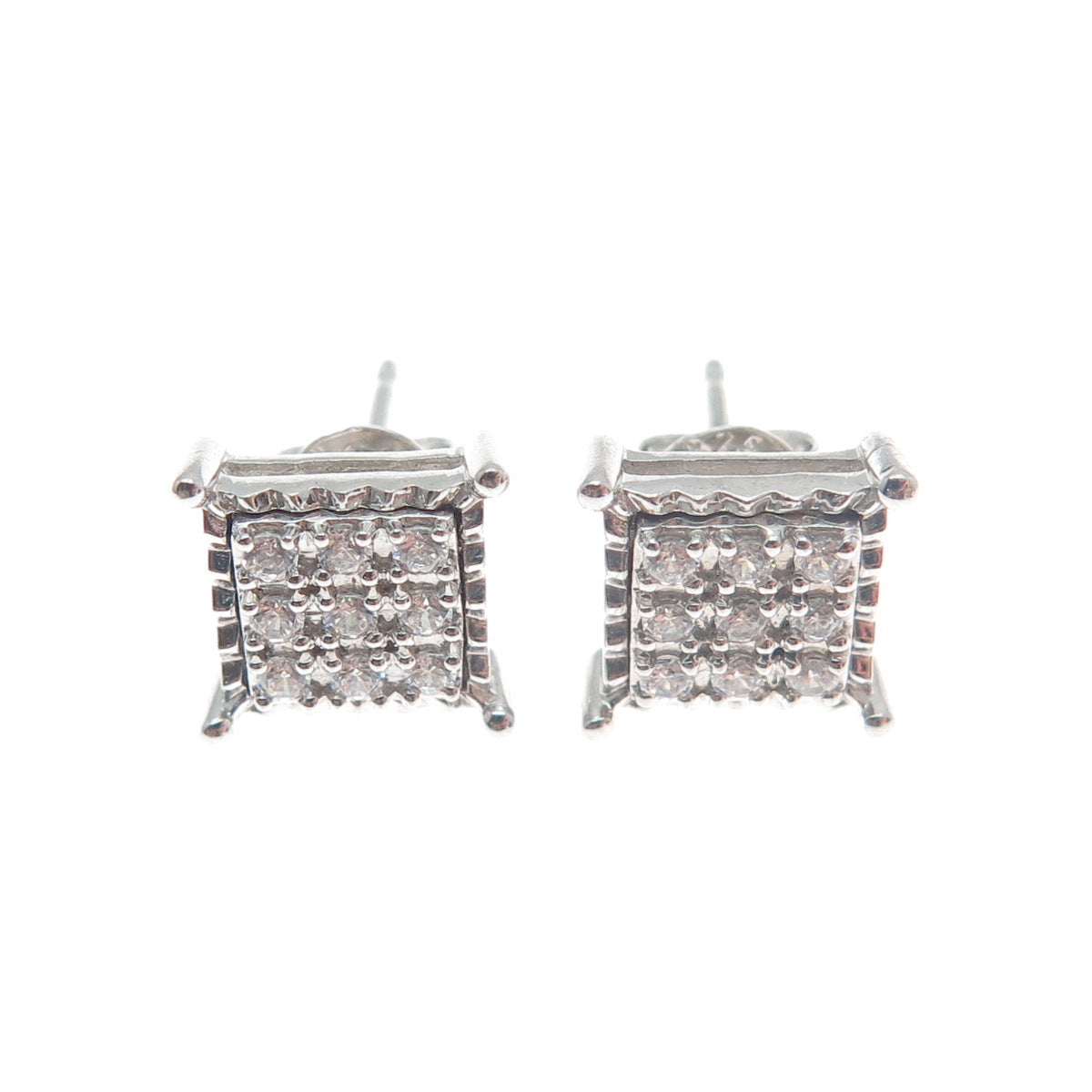 925 Sterling Silver Round-Cut Shaped C Z Sparkle Square Stud Earrings