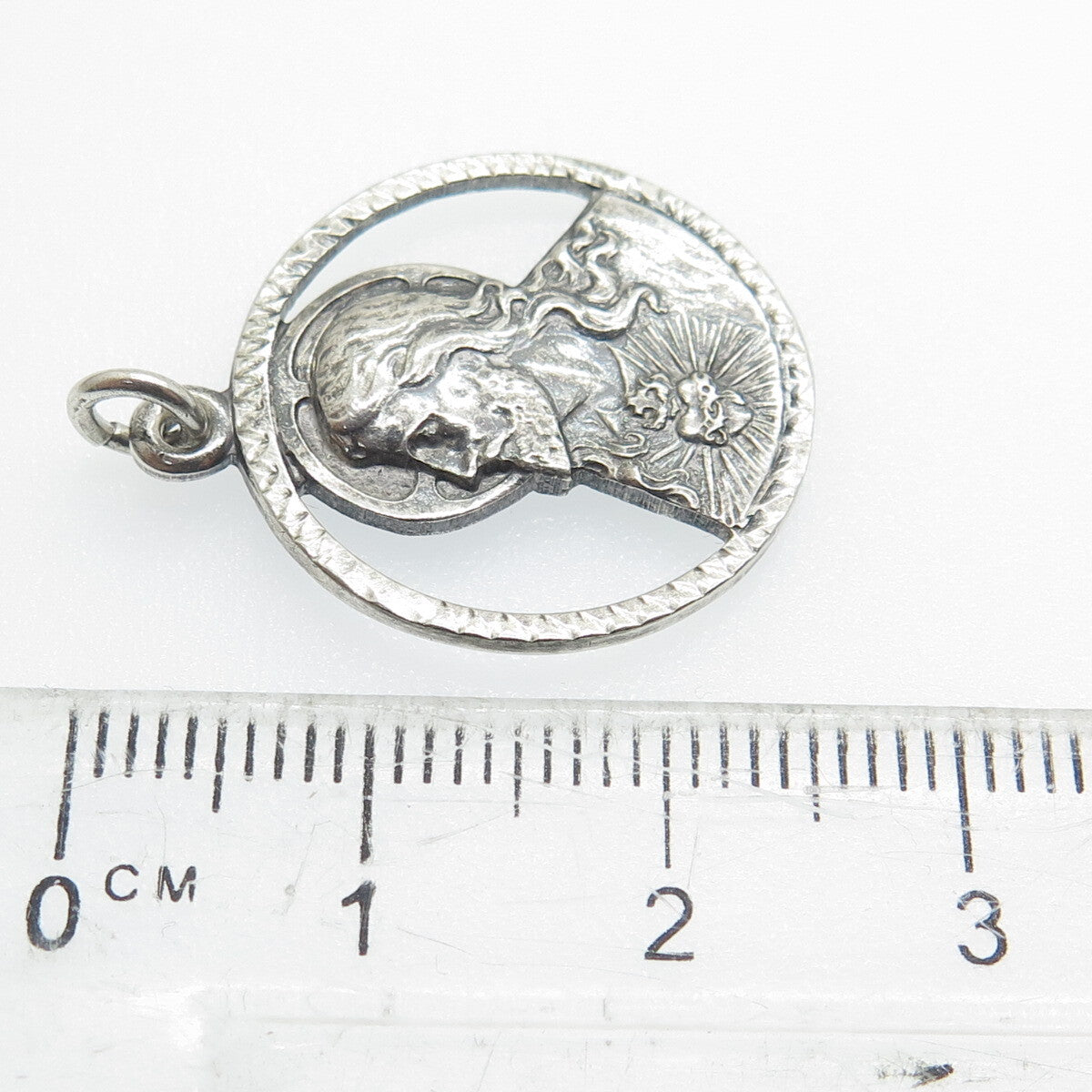 925 Sterling Silver Antique Art Deco Jesus Sacred Heart & St. Mary Charm Pendant