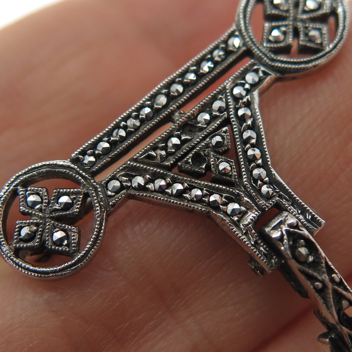 Ahrens Lucerne Sterling Antique Sapphire Marcasite Watch Pin (missing 2 stones)