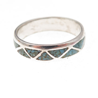 Old Pawn 925 Sterling Silver Vintage Turquoise Inlay Tribal Band Ring Size 11.5