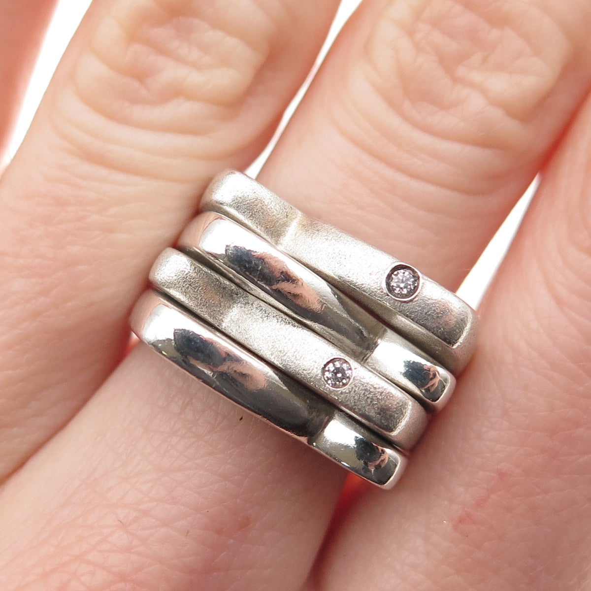 925 Sterling Silver Vintage Round-Cut C Z Modernist 4-Row Folding Ring Size 8.25