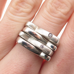 925 Sterling Silver Vintage Round-Cut C Z Modernist 4-Row Folding Ring Size 8.25