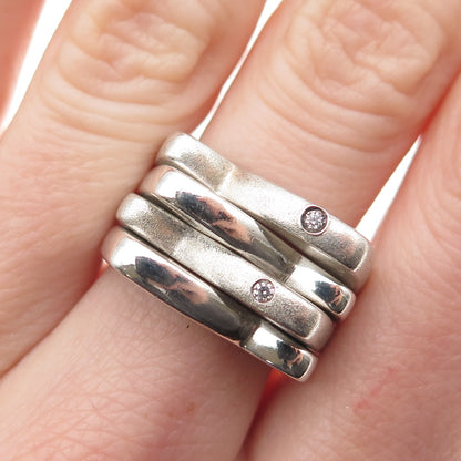 925 Sterling Silver Vintage Round-Cut C Z Modernist 4-Row Folding Ring Size 8.25
