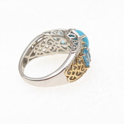 Chuck Clemency 925 Sterling 2-Tone Real Turquoise & Blue Topaz Ring Size 8.25