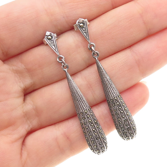 925 Sterling Silver Vintage Real Marcasite Modernist Oxidized Dangle Earrings