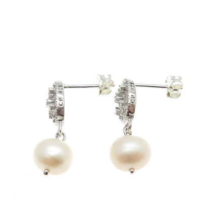 925 Sterling Silver Real Pearl & C Z Dangling Earrings