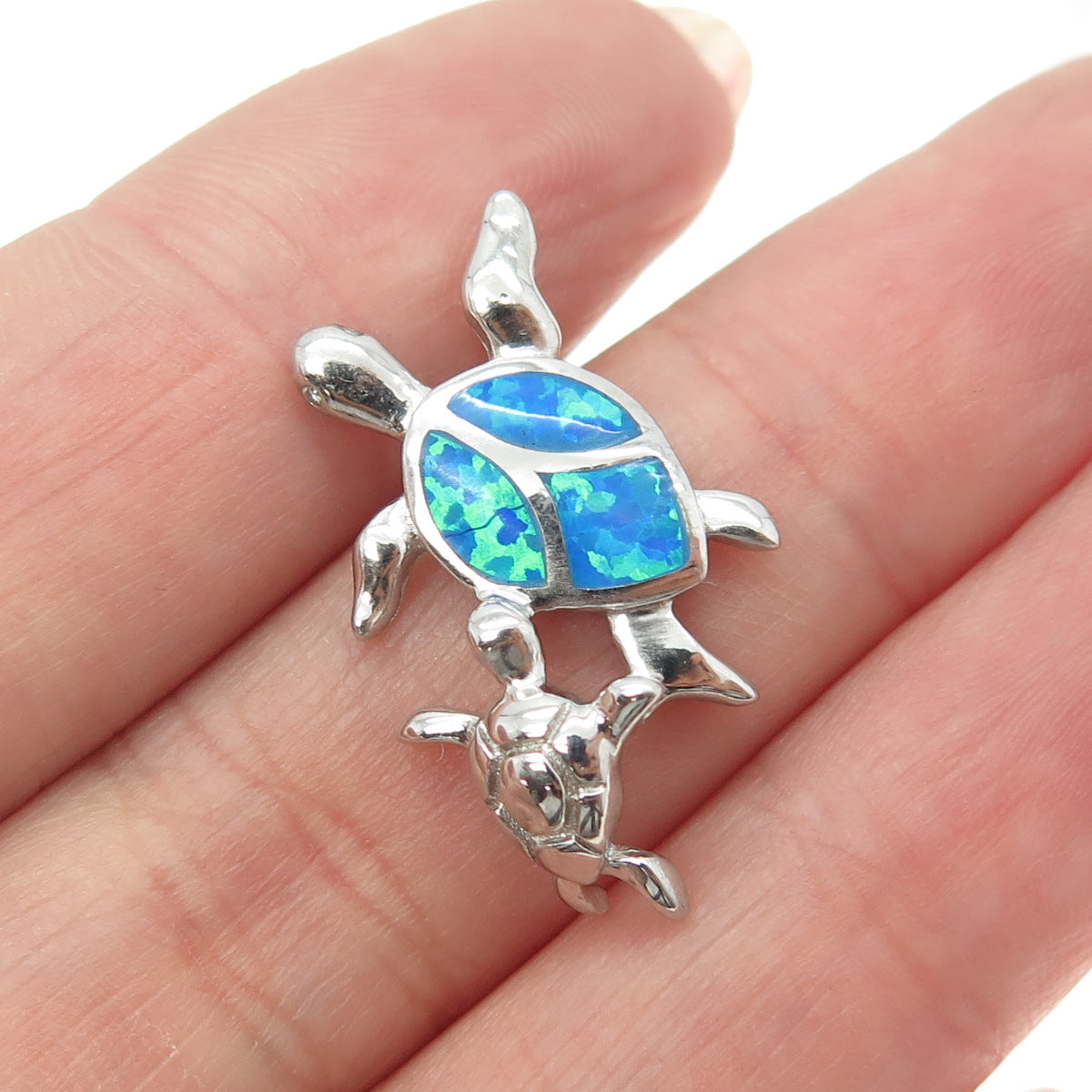 925 Sterling Silver Real Doublet Opal Gem Inlay Couple of Turtles Slide Pendant