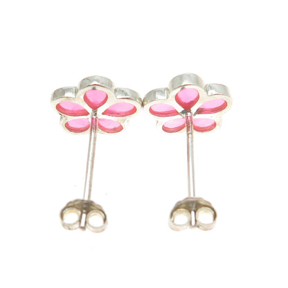 925 Sterling Silver Pink Glass Floral Stud Earrings