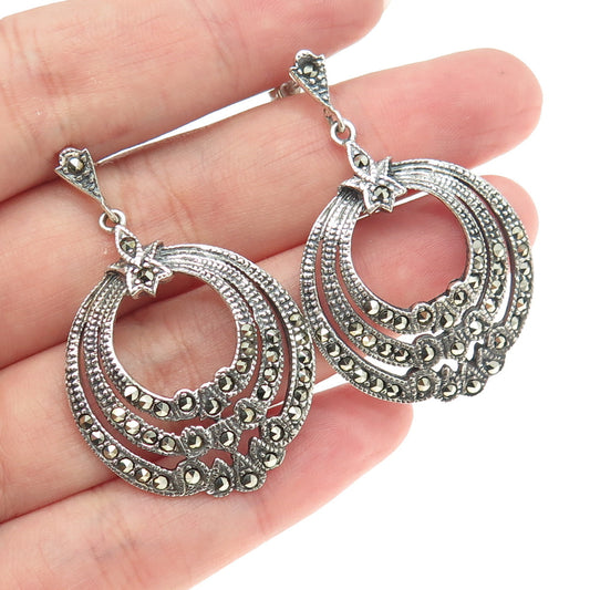 925 Sterling Silver Vintage Real Marcasite Gemstone Door Knocker Earrings