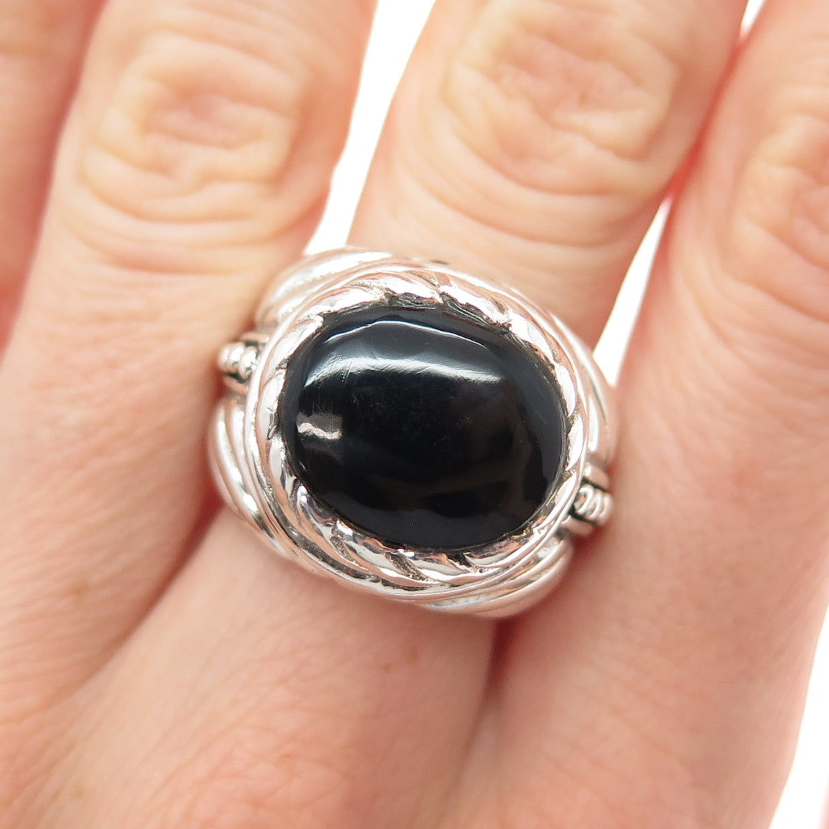 925 Sterling Silver Vintage Real Black Onyx Beaded Ring Size 6.75