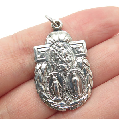 925 Sterling Silver Antique Art Deco Jesus St. Mary & Christopher Medal Pendant