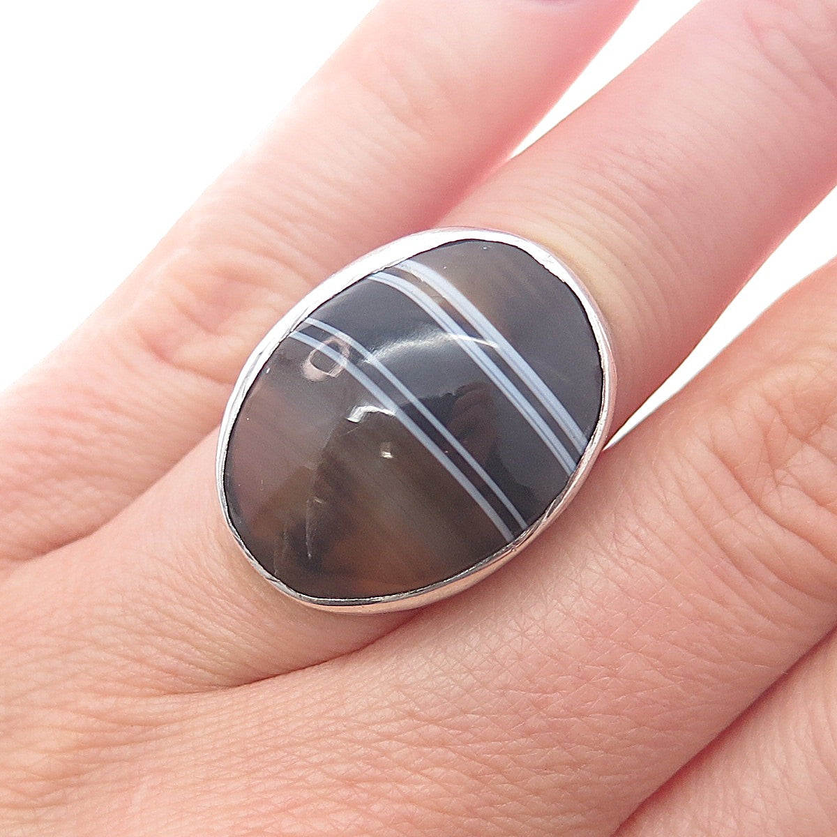 925 Sterling Silver Vintage Real Cabochon Agate Modernist Ring Size 5.75