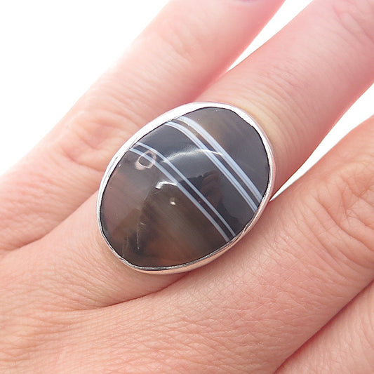 925 Sterling Silver Vintage Real Cabochon Agate Modernist Ring Size 5.75