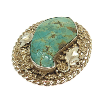 925 Sterling Silver Gold Plated Antique Carved Turquoise Lady Handmade Brooch