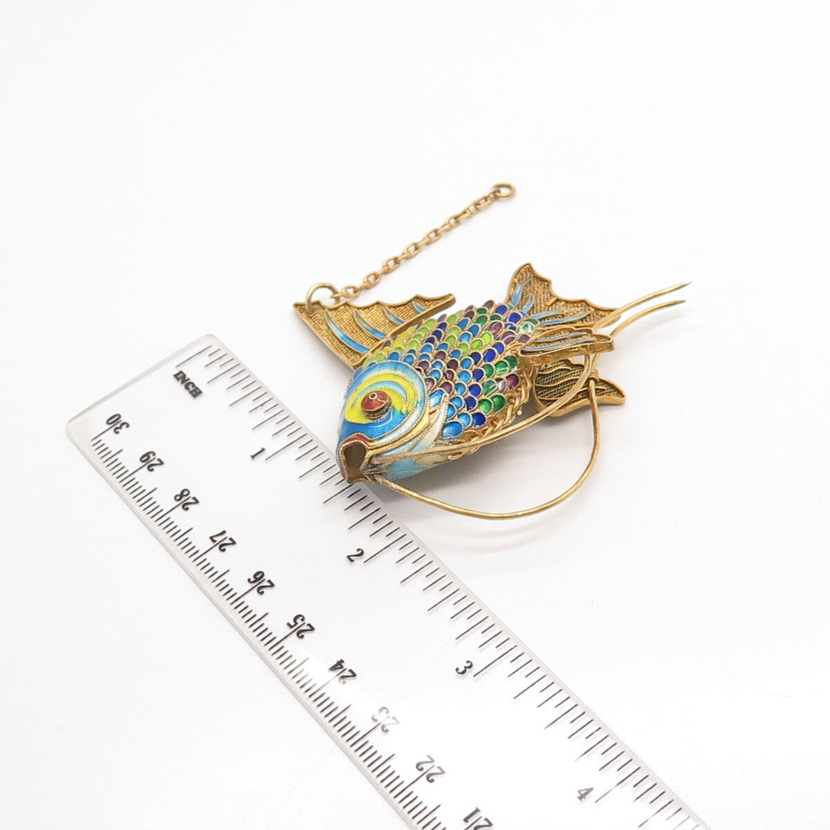 925 Sterling Silver Gold Plated Antique Enamel Chinese Koi Fish Articulated Fob