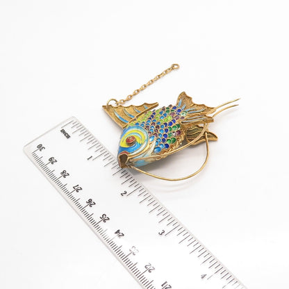 925 Sterling Silver Gold Plated Antique Enamel Chinese Koi Fish Articulated Fob