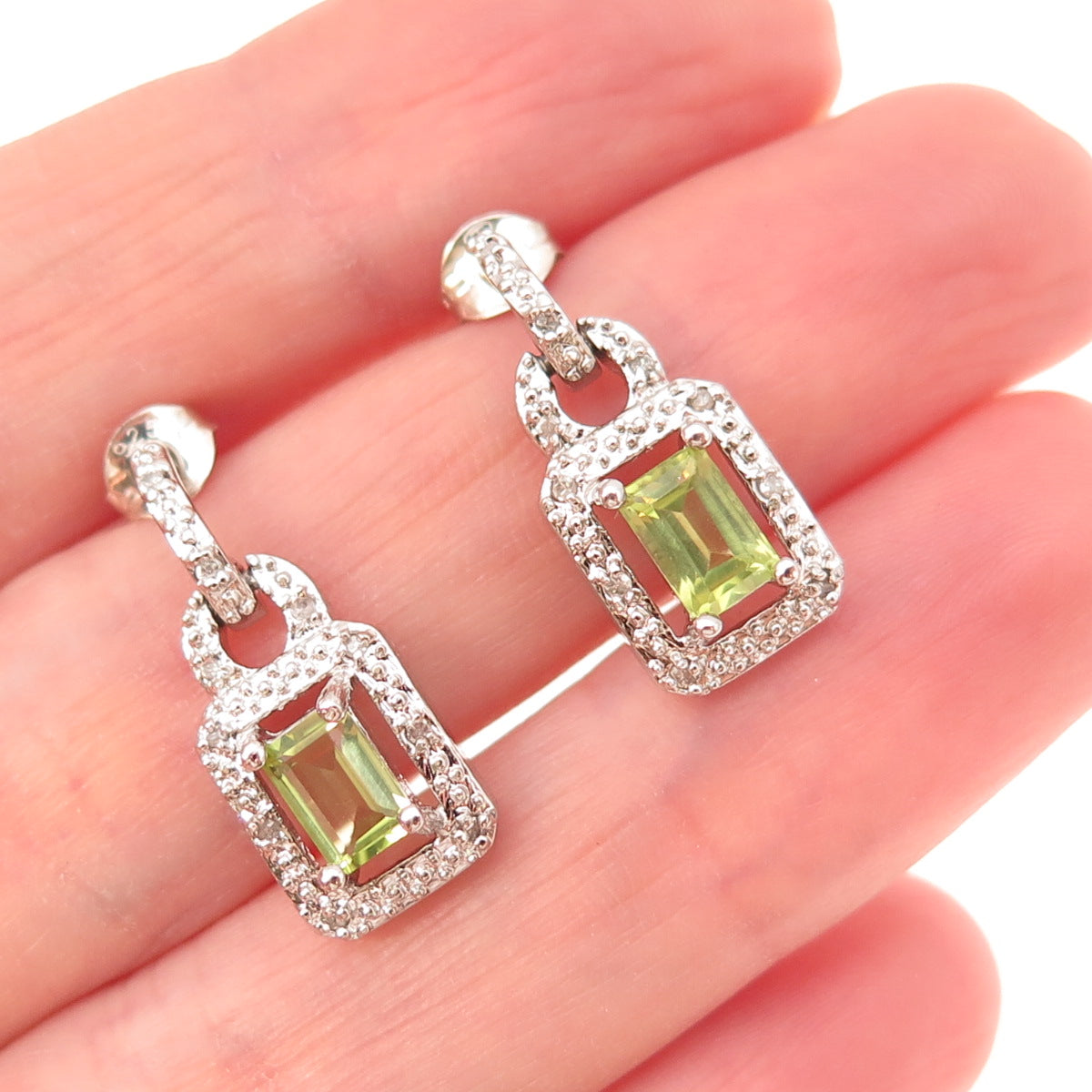 Charles Winston 925 Sterling Silver Real Diamond & Peridot Dangle Earrings