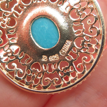 ROSS SIMONS Sterling Silver Gold Plated Vintage Real Turquoise Ornate Pendant
