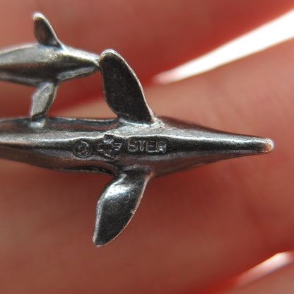 SUNWEST 925 Sterling Silver Vintage Dolphin Mom & Child Oxidized Charm Pendant