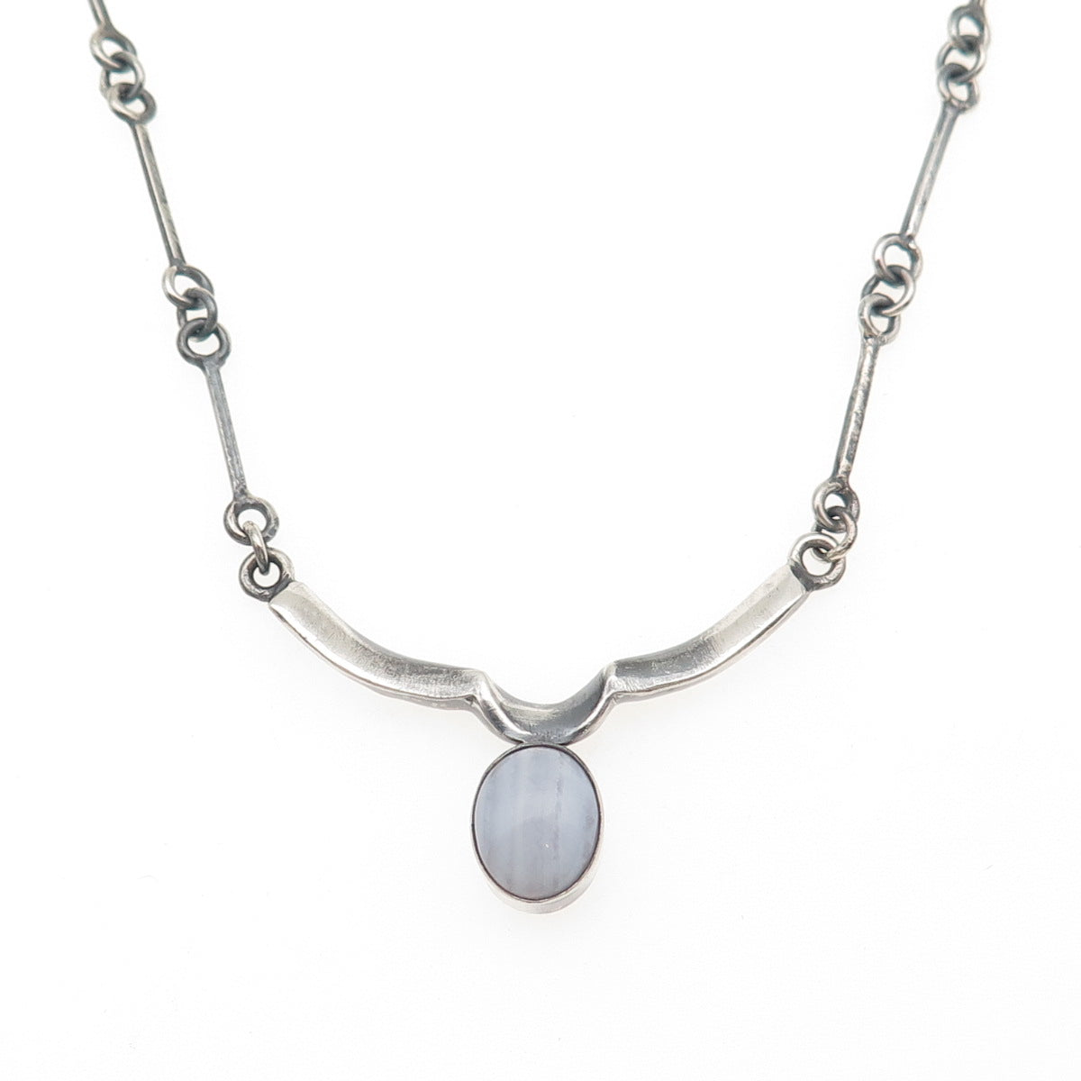 AF DESIGN 925 Sterling Silver Vintage Real Lace Agate Bar Chain Necklace 18"