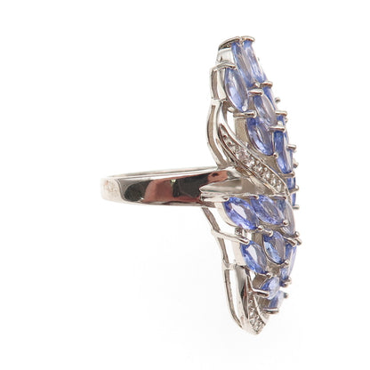 925 Sterling Silver Real Tanzanite & White Topaz Floral Cluster Ring Size 8