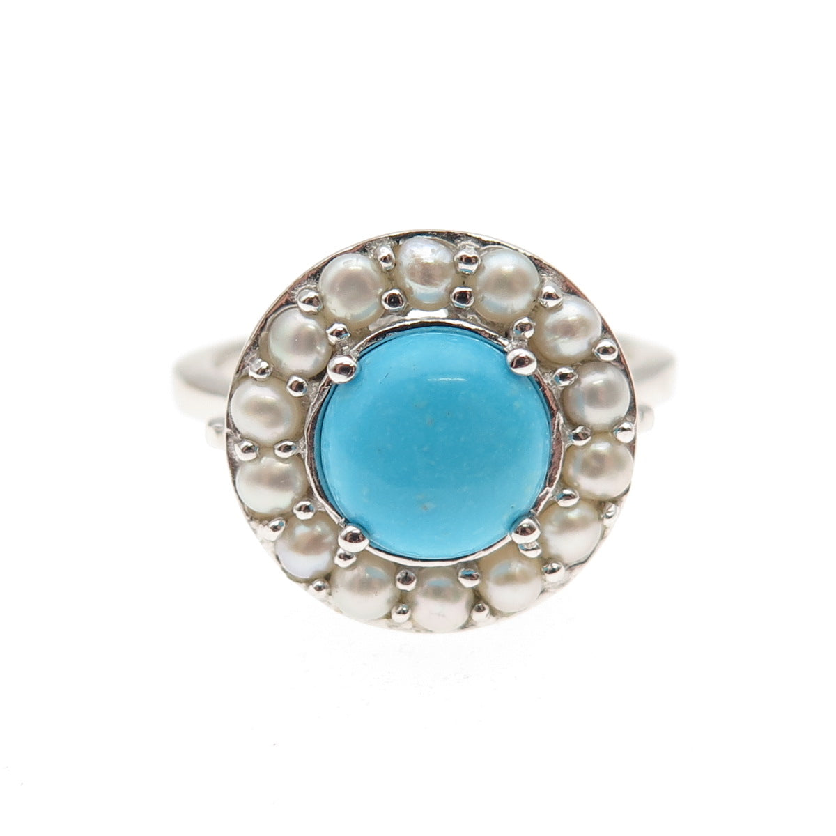 925 Sterling Silver Real Sleeping Beauty Turquoise & Pearl Ring Size 8.25