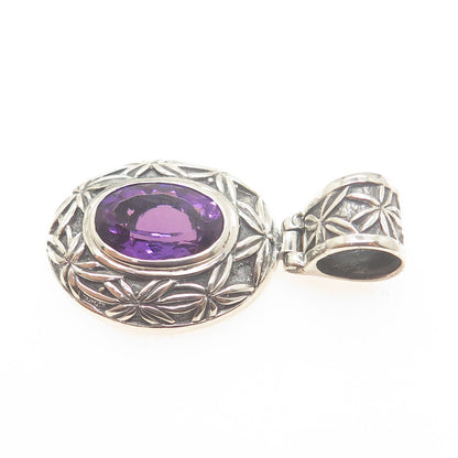 925 Sterling Silver Vintage Real Amethyst Floral Ornate Oxidized Pendant