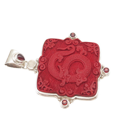 Sajen 925 Sterling Silver Vintage Real Cinnabar Garnet Moonstone Dragon Pendant