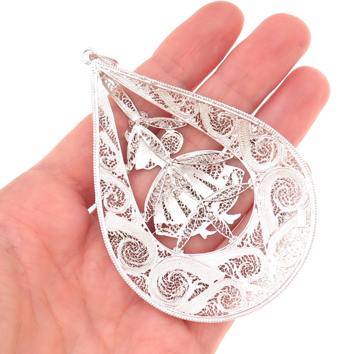 Van Lou 925 Sterling Silver Vintage Enamel Dancer Filigree Teardrop Pendant